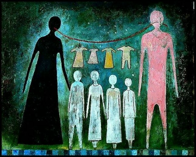 family life, oil on canvas, 34 x 43 inches